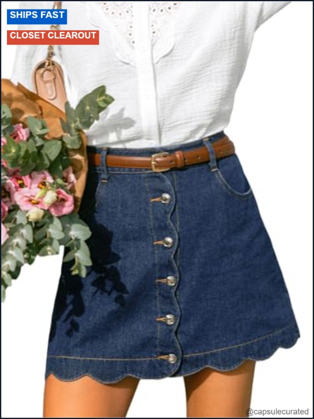 Scalloped High-Rise A-Line Denim Mini Skirt with Pockets